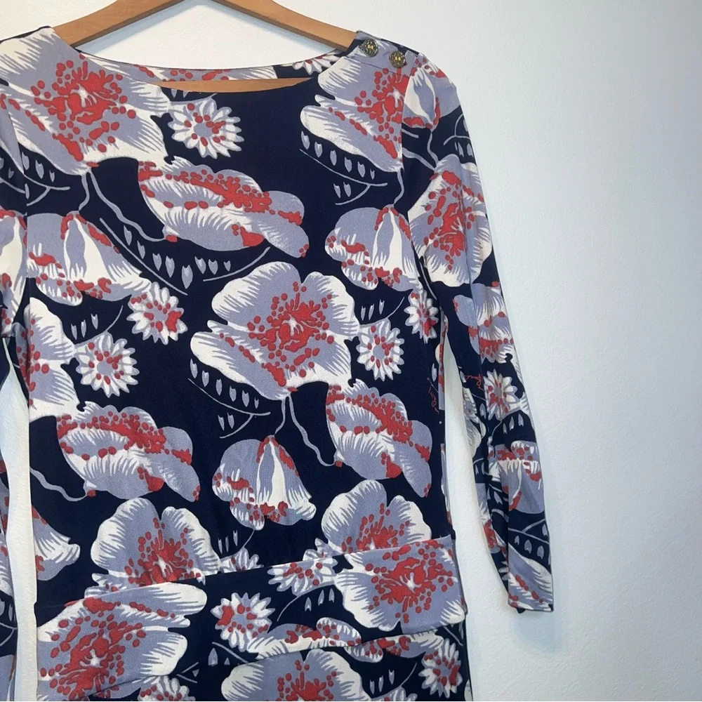 Tory Burch Silk Floral Navy Knee Length Sheath Dress Size Small 3/4 Sleeves